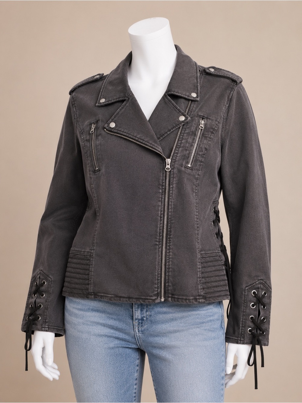 Lane Bryant Moto Jacket Gray Lace-Up Sleeve Stretch Jacket Plus 26 - Picture 2 of 10